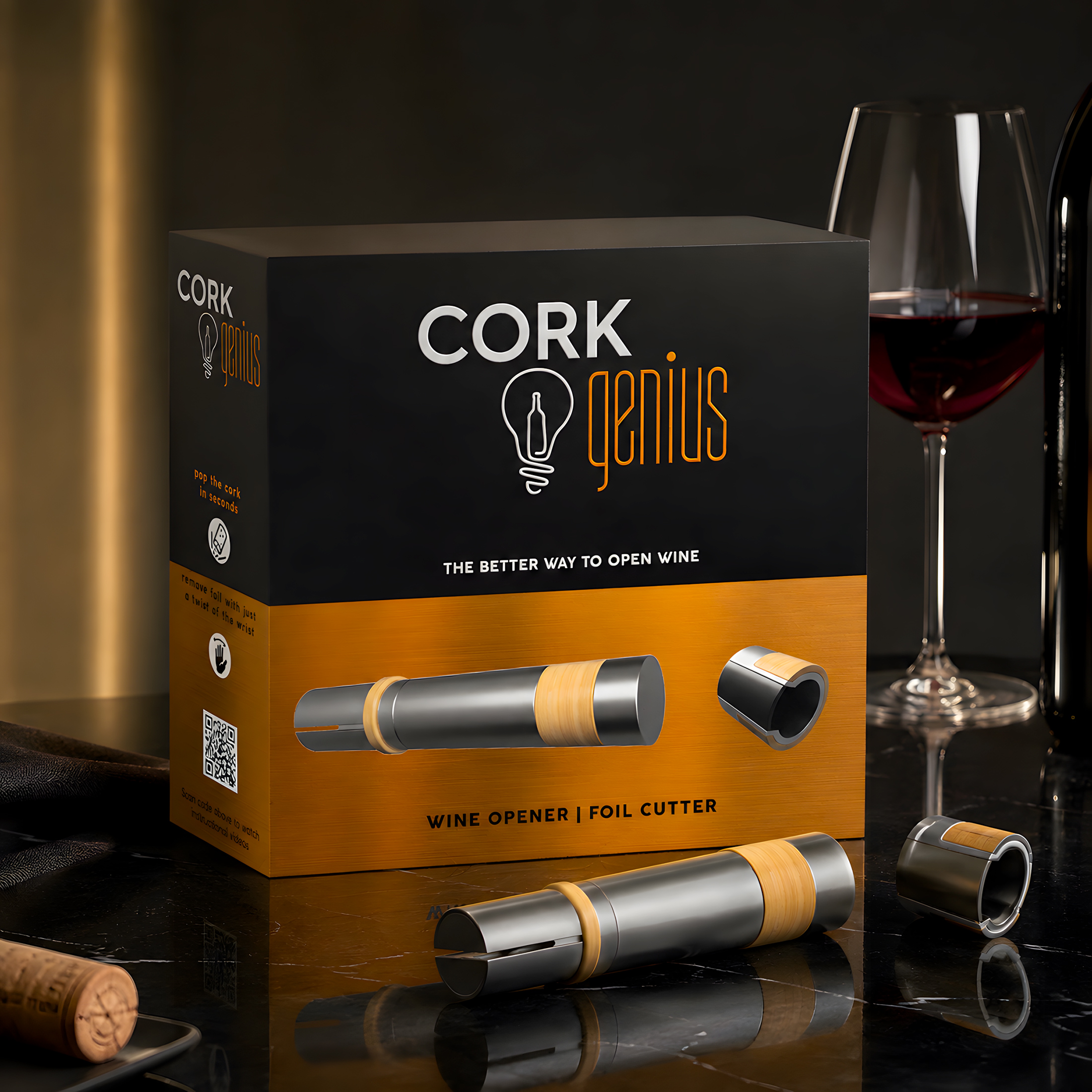 Cork Genius wine opener packaging with product components and wine glass